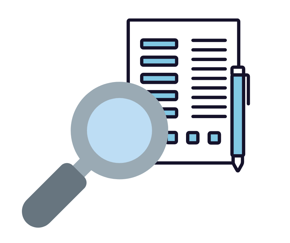 An icon of a CV and pen with a cartoon magnifying glass